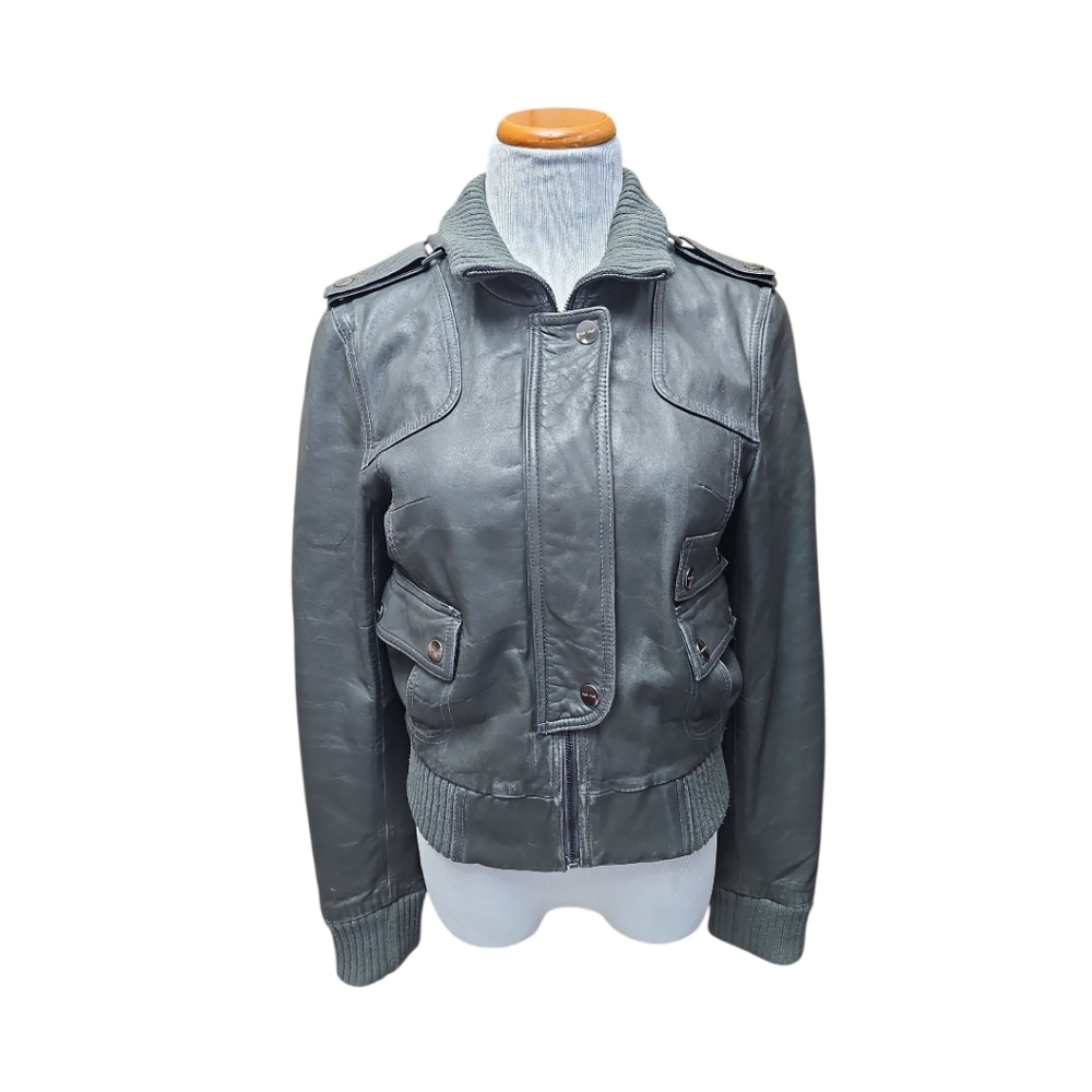Vintage Classic Y2K Baby Phat Dark Gray Cropped Leather Bomber Jacket Sz S